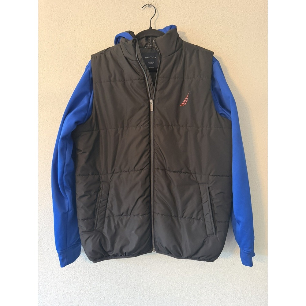 boys nautica puffer coat size XL 18/20 layered Vest look black blue Hooded